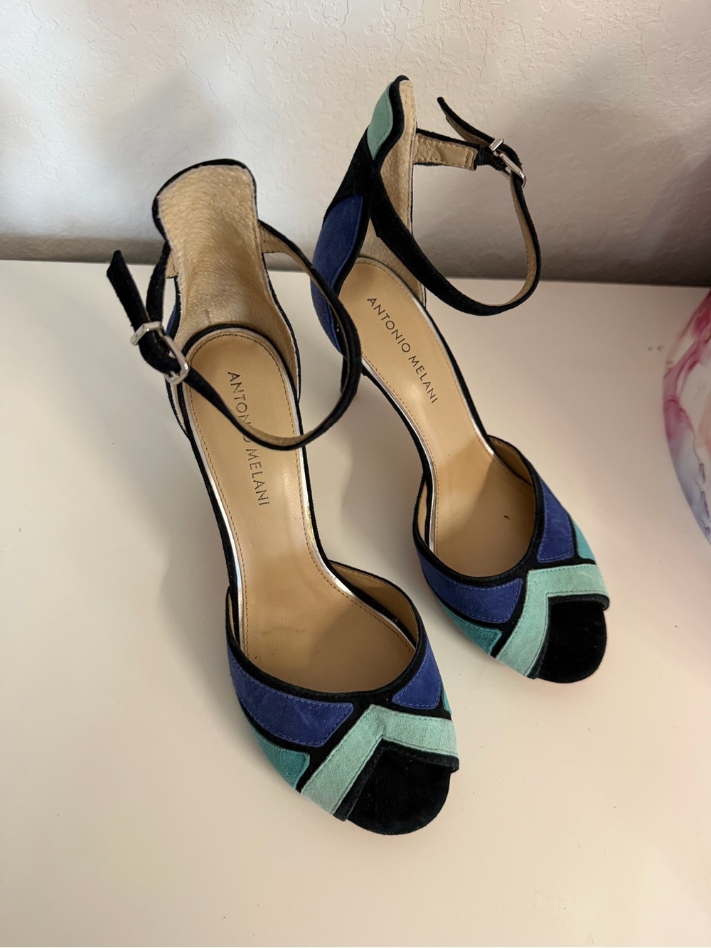Antonio Melani | Black Blue Teal Suede Ankle-Strap Heels